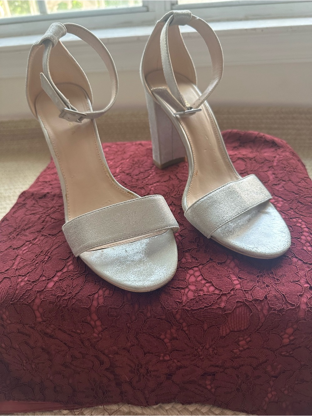 Pelle Moda Silver Ankle-Strap Block Heel Sandals